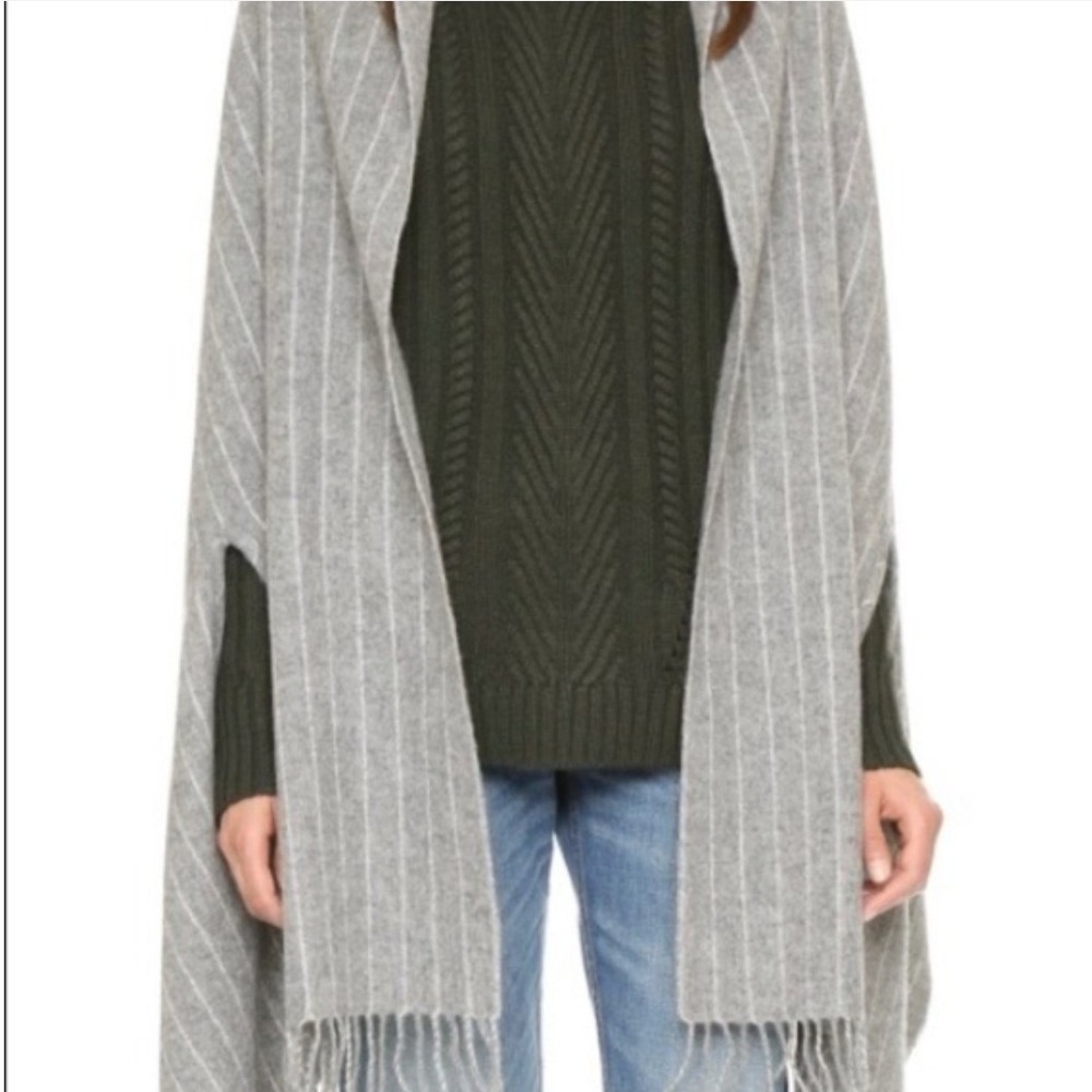 Madewell Pinstripe Fringe Scarf Poncho Convertible Gray Wool Blend Wrap One Size